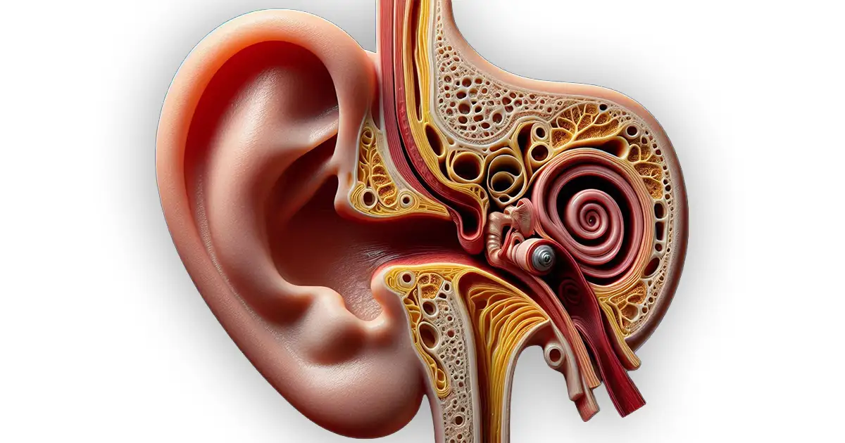 Ilustração detalhada em 3D da anatomia interna do ouvido humano, mostrando o canal auditivo, a cóclea e as estruturas internas responsáveis pela audição.